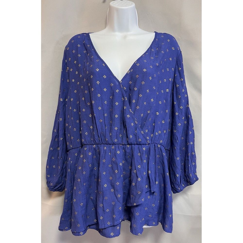 Cato Blouse Shirt Top Women 1X (18/20) Blue‎  Gold V-Neck Fit & Flare 3/4 Sleeve